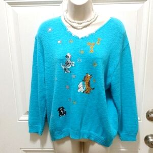 Ri Designs Fun Stuff Turquoise V-Neck Sweater with Dog Motifs-one Size